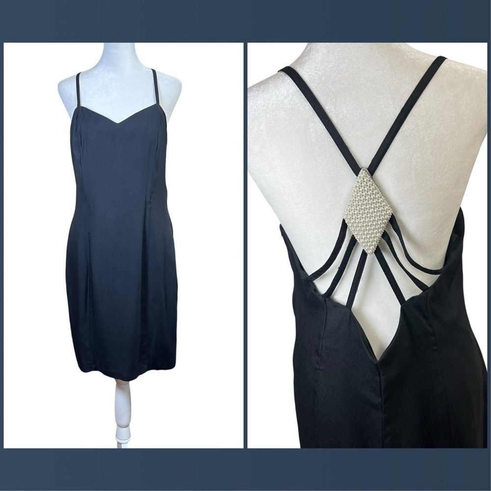 VTG Y2K Black Low Back Sheath Cocktail Dress Sleeveless Glam Midi Party Size 11